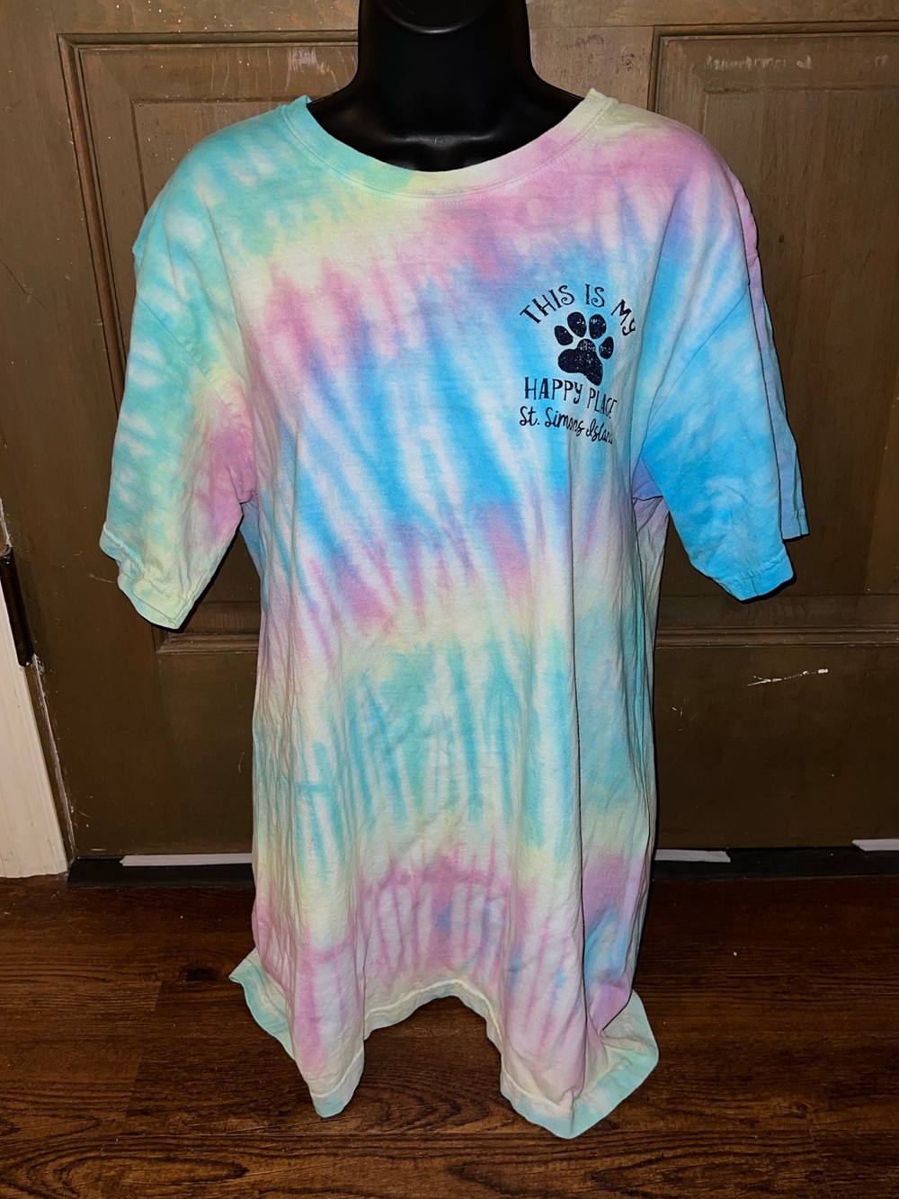 St Simons Island Tie Dye Graphic Dog Print Pink, Green & Blue T-Shirt Size L - Picture 5 of 9